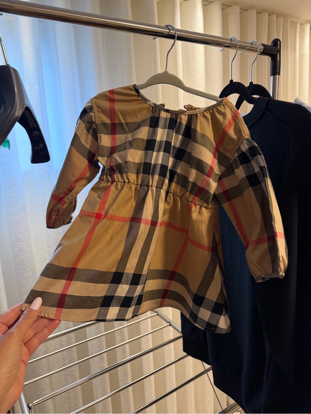 Burberry Classic Plaid Long Sleeve Baby Dress - Tan/Black/Red